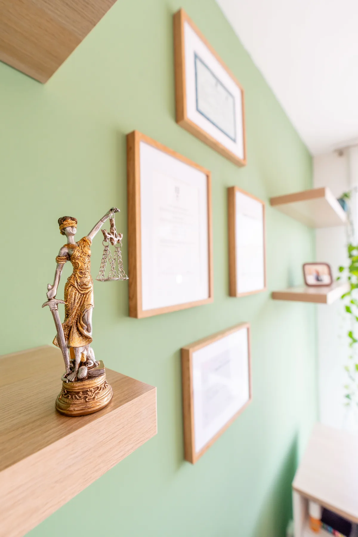 Statue of Lady Justice on a shelf, framed law certificates on a green wall